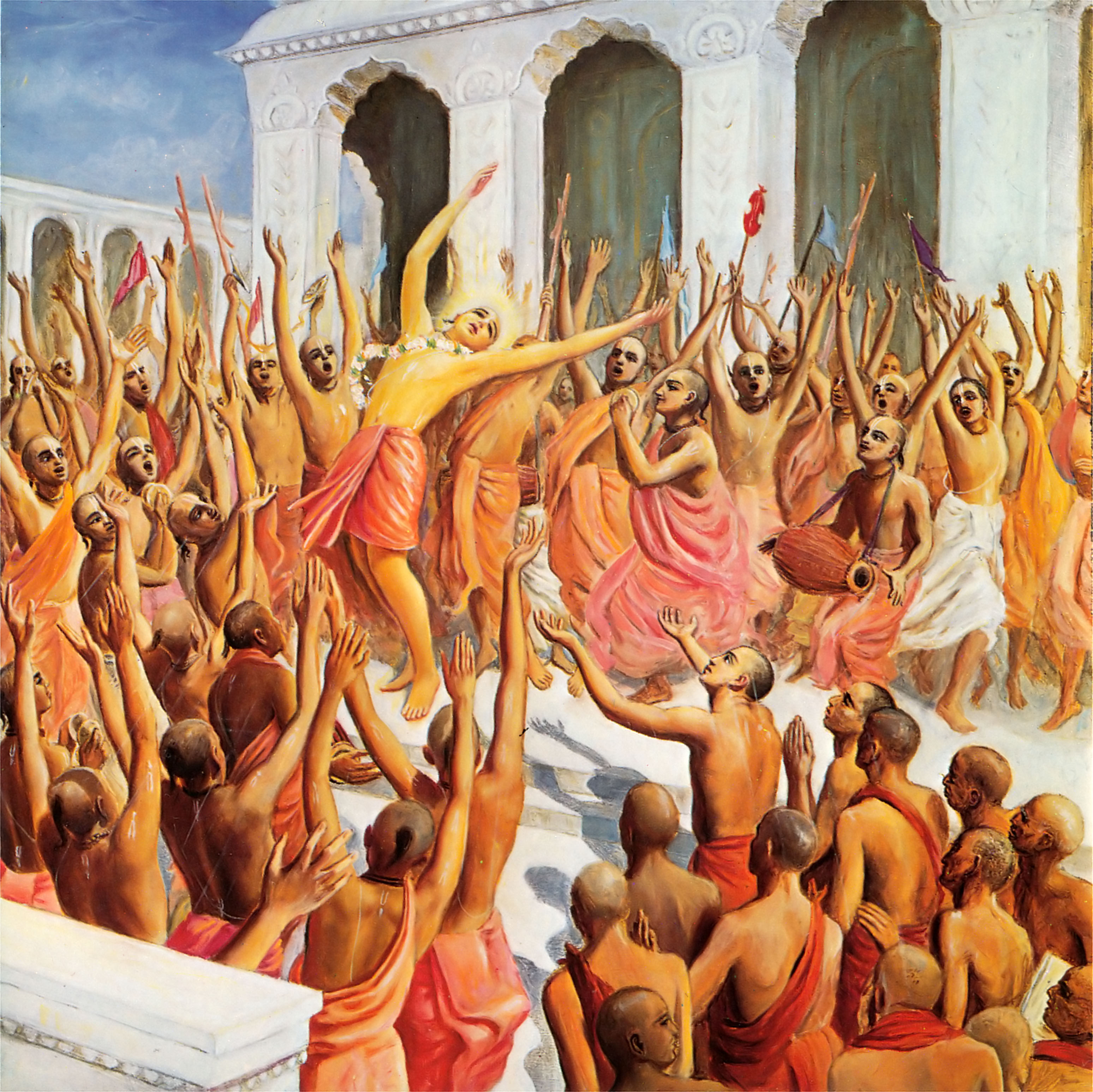 Chaitanya Mahaprabhu, umgeben von Gläubigen, beim Singen der 
heiligen Namen Gottes