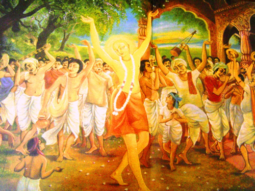Chaitanya Mahaprabhu, die Barmherzigkeitsinkarnation Krischnas, beim Singen der heiligen Namen Gottes